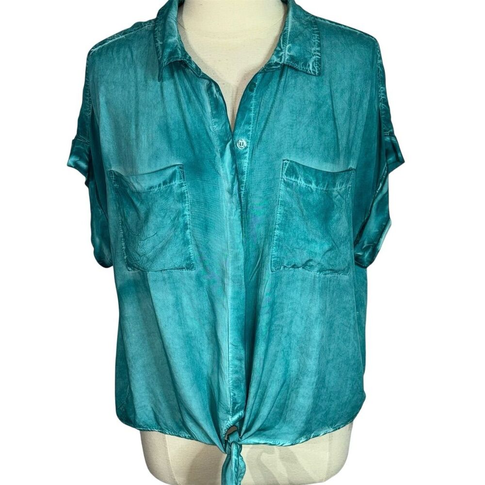 Velvet Heart Turquoise Silky Washed Tie Front Button Blouse L
